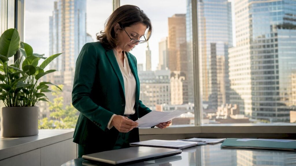 Businesswoman reviewing push payment documents
