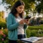 Woman testing fingerprint scanner in home office