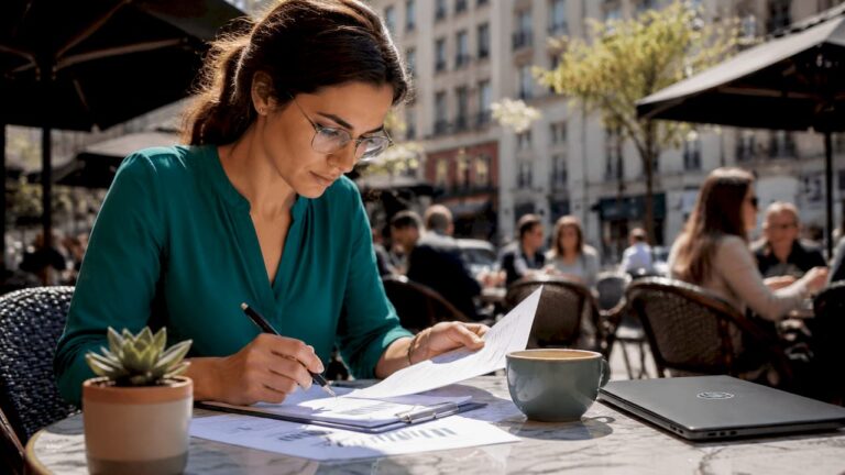 Fraud analyst reviewing financial reports in office