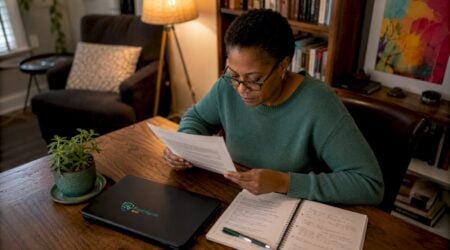 Woman reviewing identity protection law document