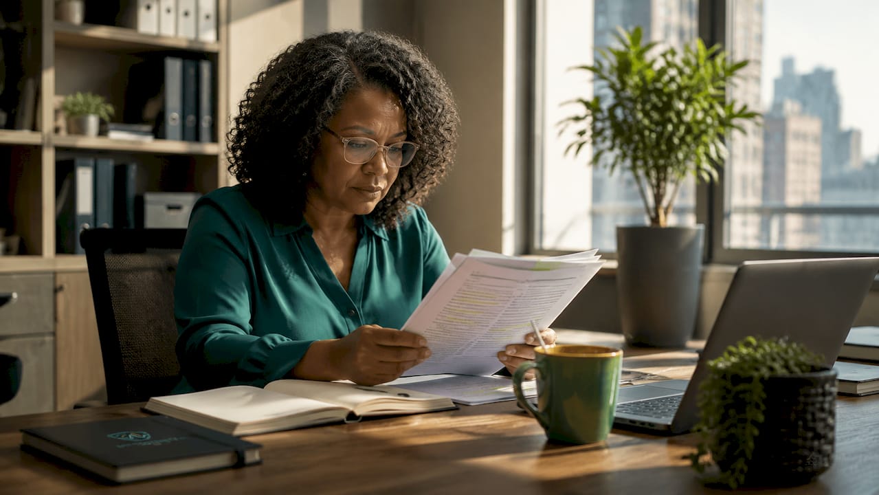 Compliance officer reading identity verification mandate