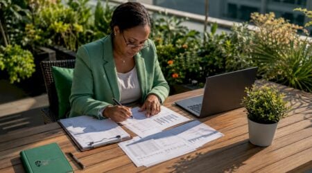 Fraud analyst reviewing banking documents