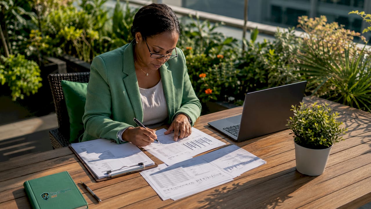 Fraud analyst reviewing banking documents