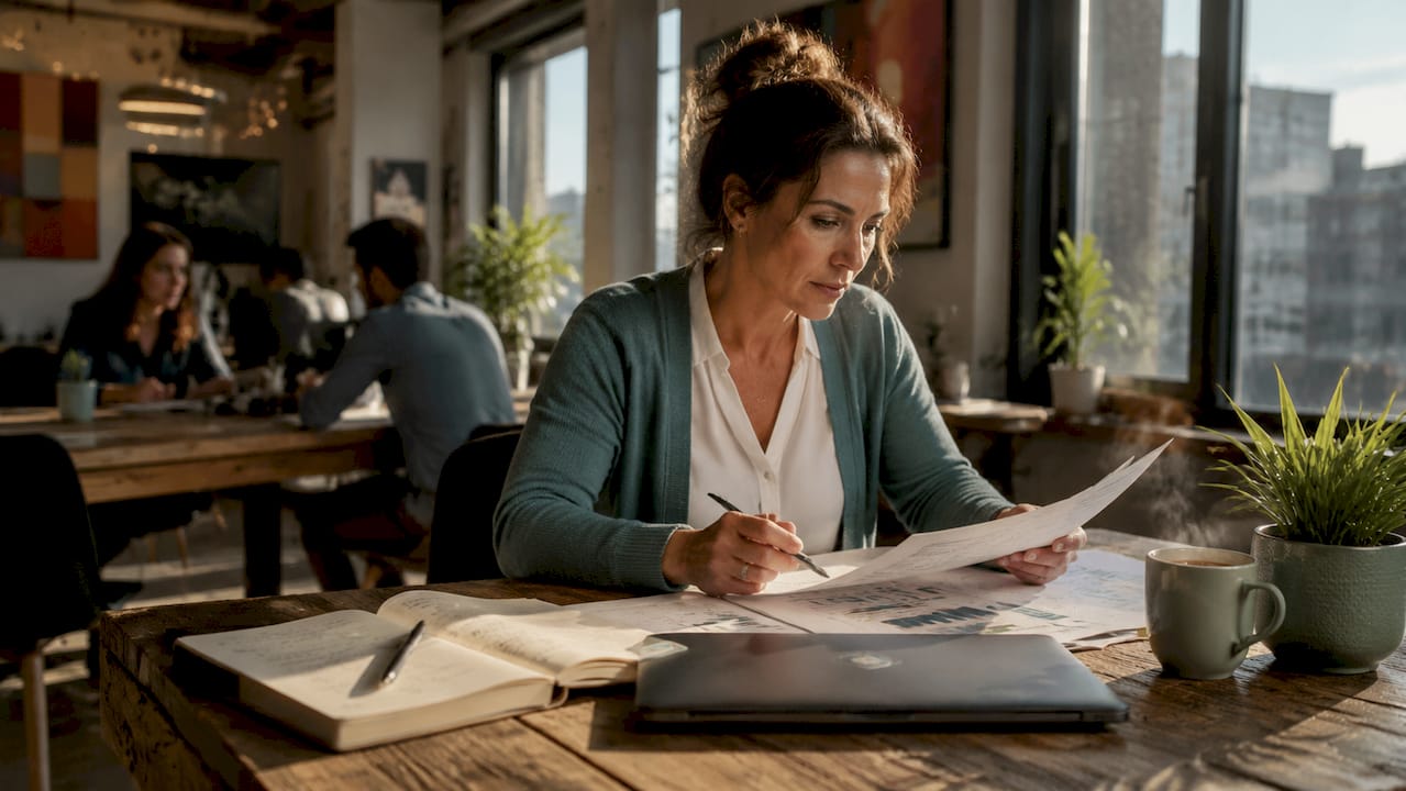 Fraud analyst studying printed data at office desk