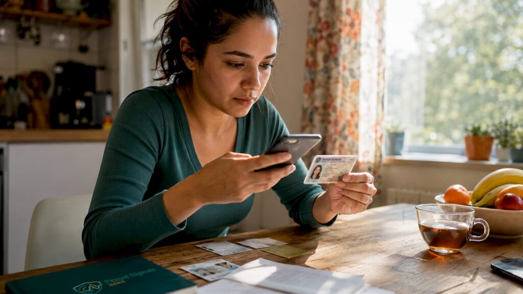 Woman verifying identity remotely using phone