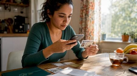 Woman verifying identity remotely using phone