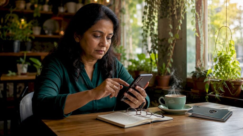 Woman reviewing mobile banking on smartphone