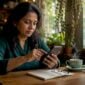 Woman reviewing mobile banking on smartphone