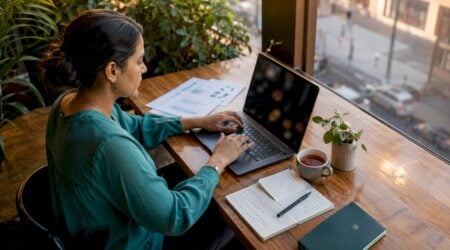 Fraud analyst working at desk in modern office