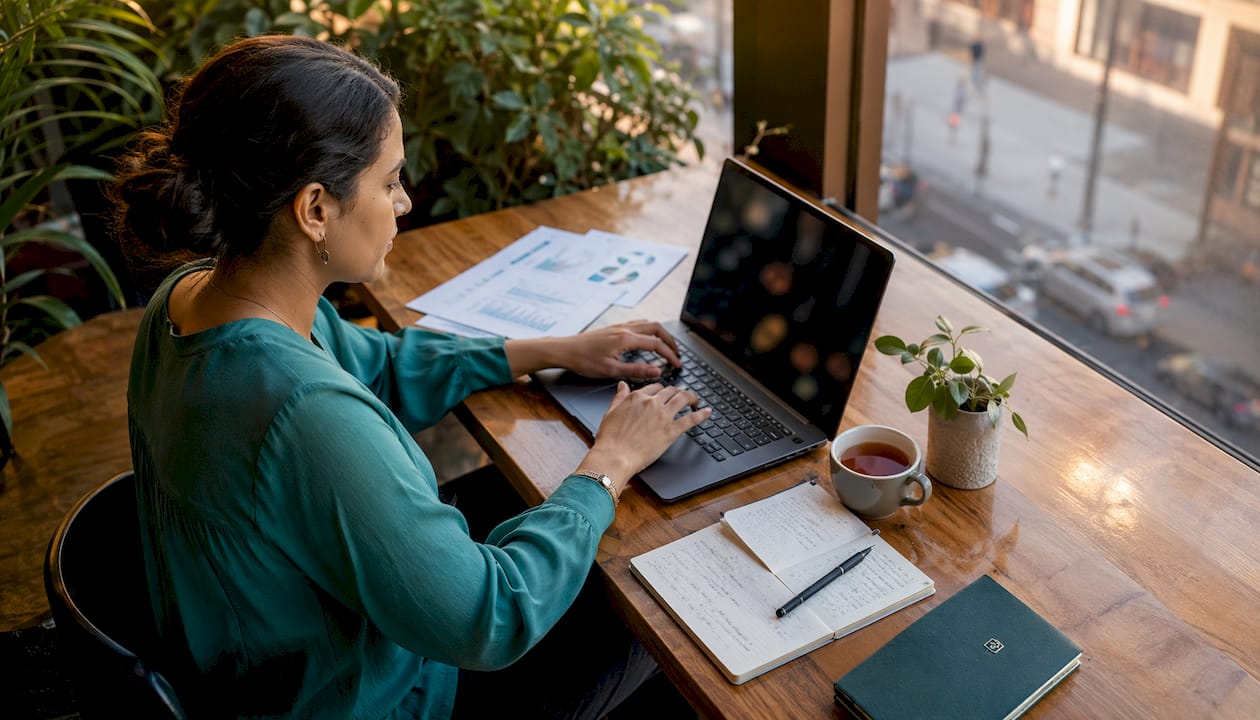Fraud analyst working at desk in modern office
