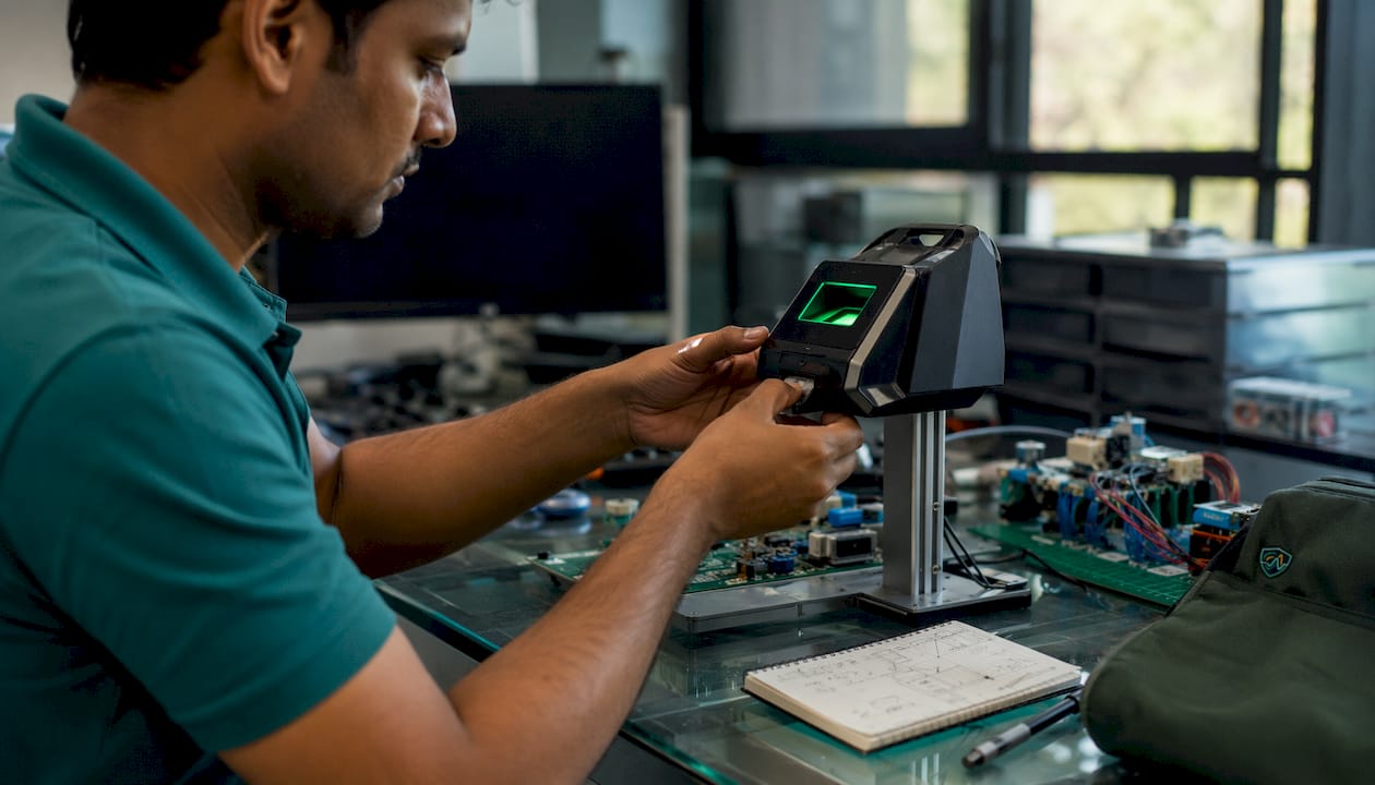 Hands adjusting biometric fingerprint scanner