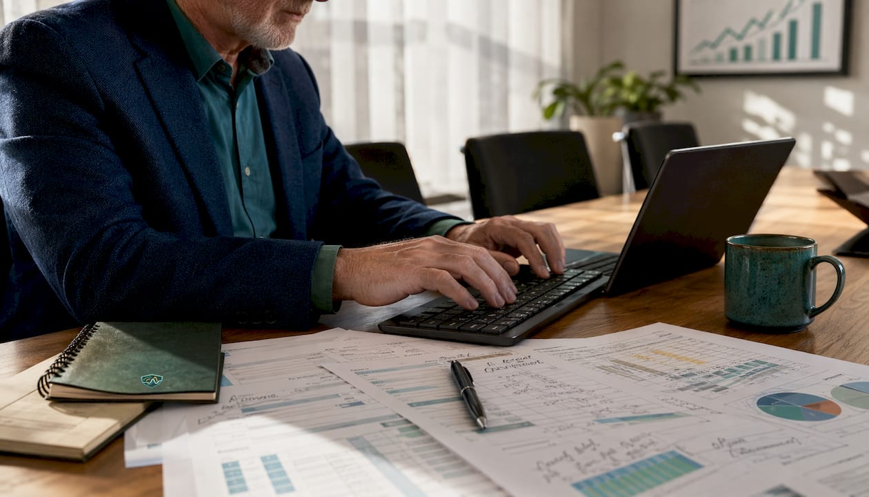 Analyst typing near amortization financial documents