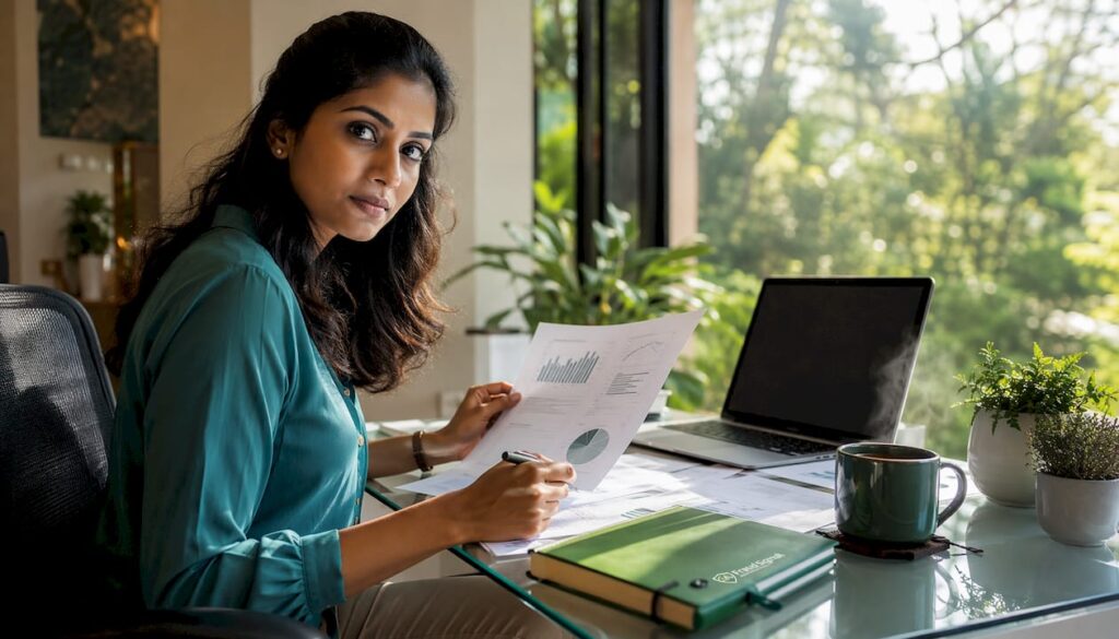 Woman reviewing fraud prevention financial reports