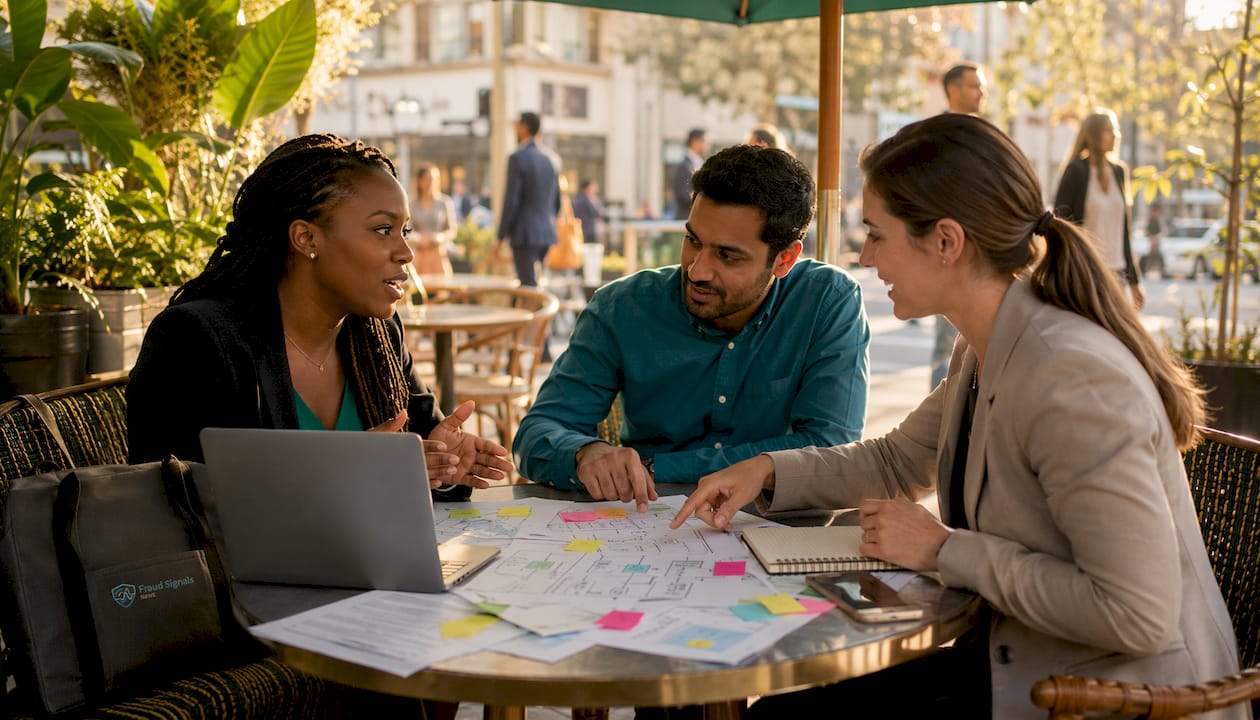 Team discussing fraud orchestration workflow at meeting table