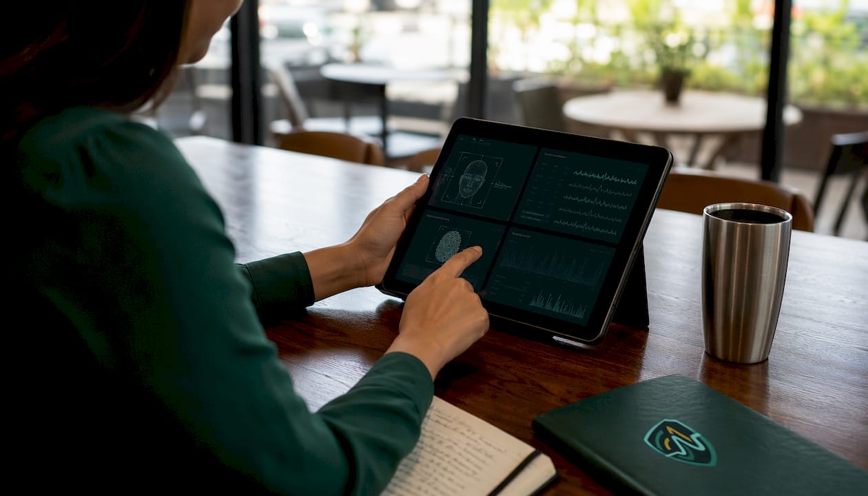Hands interacting with biometric verification data