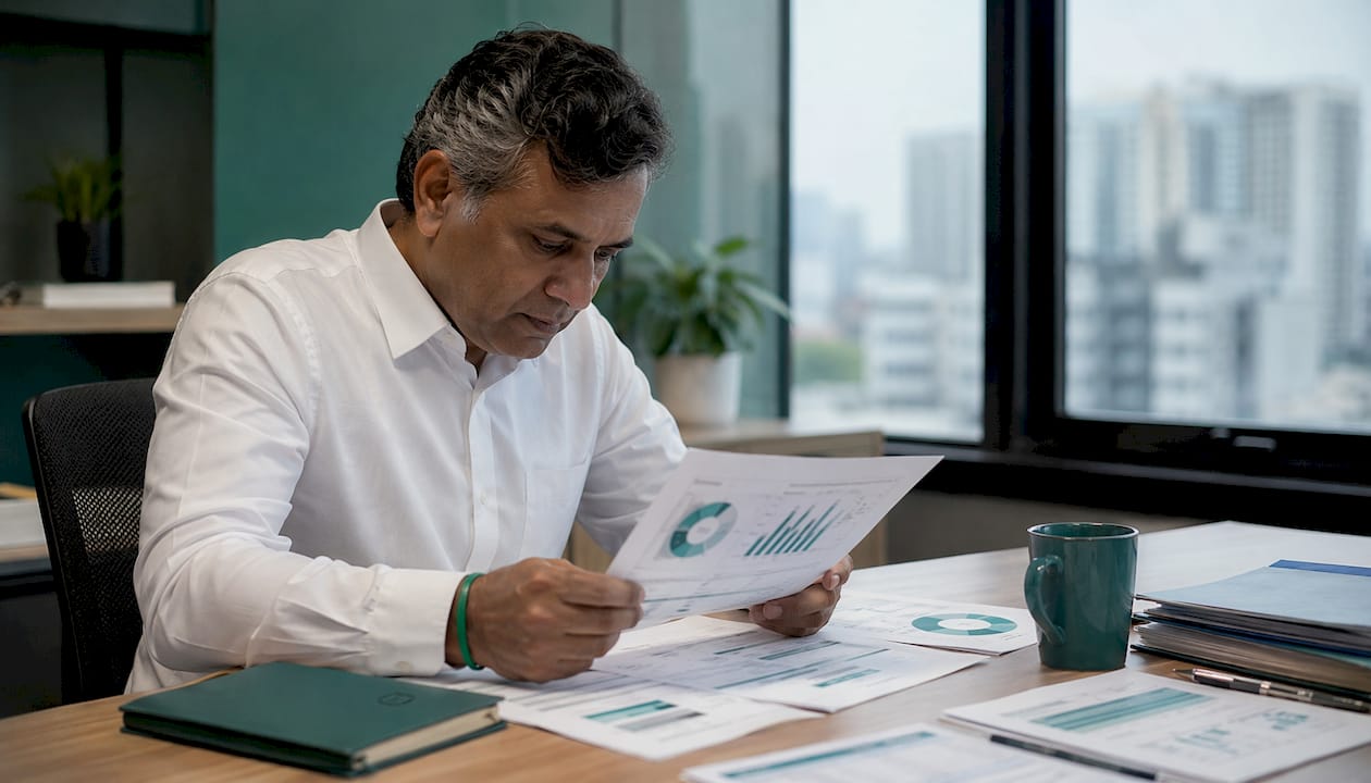 Man reviewing fraud detection reports in office