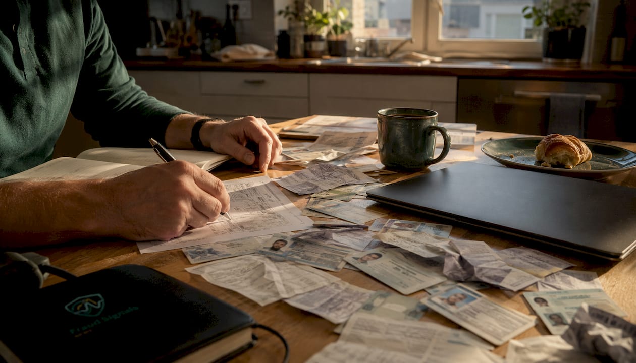 Hands filling out documents over desk
