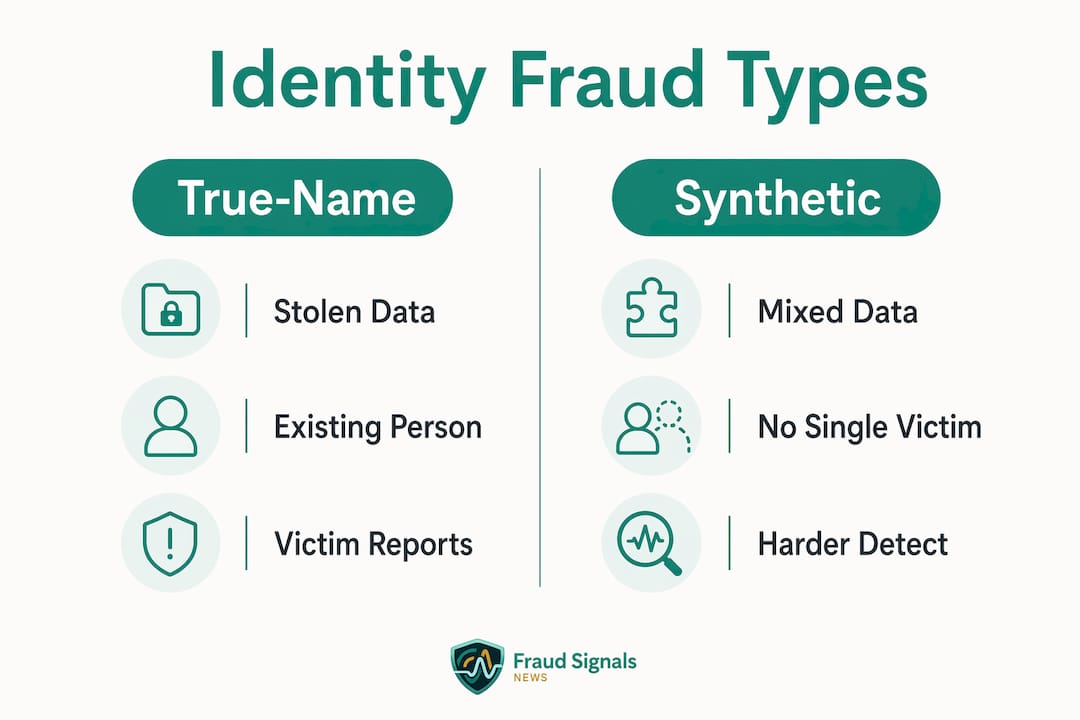 Infographic comparing true-name and synthetic identity fraud