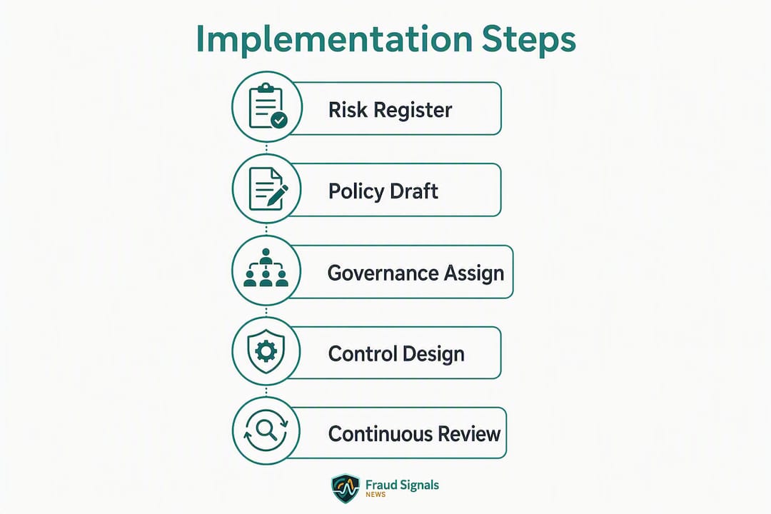 Vertical flow infographic showing anti-fraud implementation steps