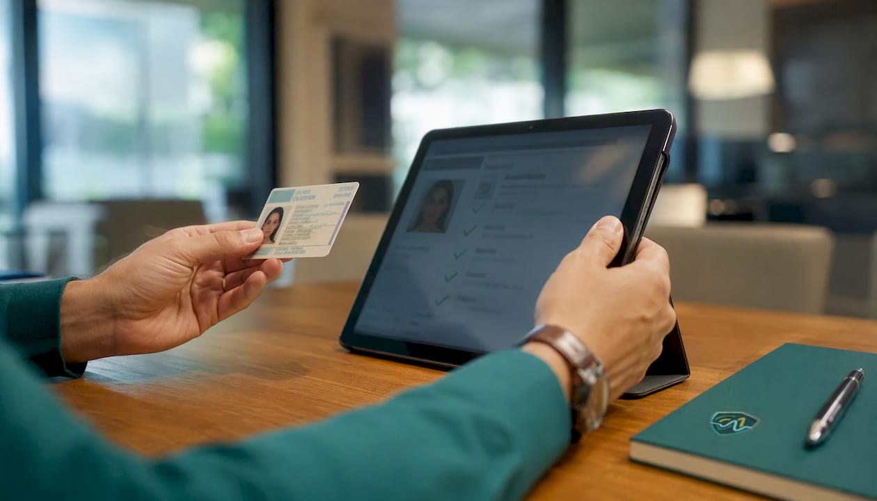 Close-up hands verifying government ID and checklist