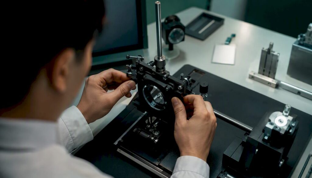 Technician adjusting biometric test device