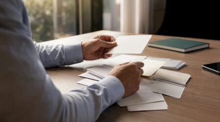 Hands verifying identity documents on desk