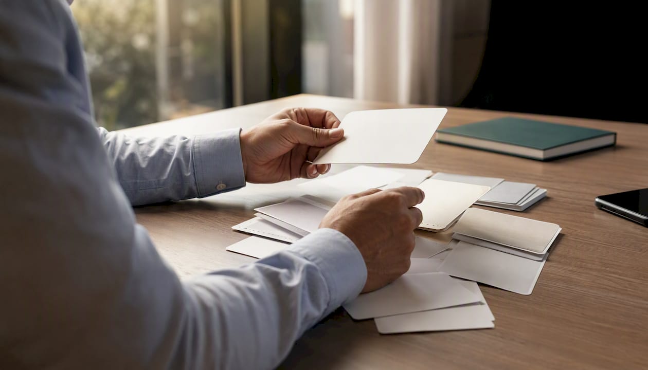 Hands verifying identity documents on desk