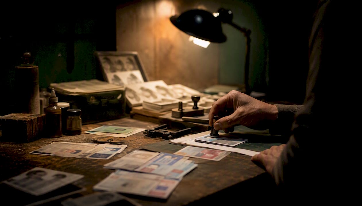 Forgery tools and fake IDs on workbench