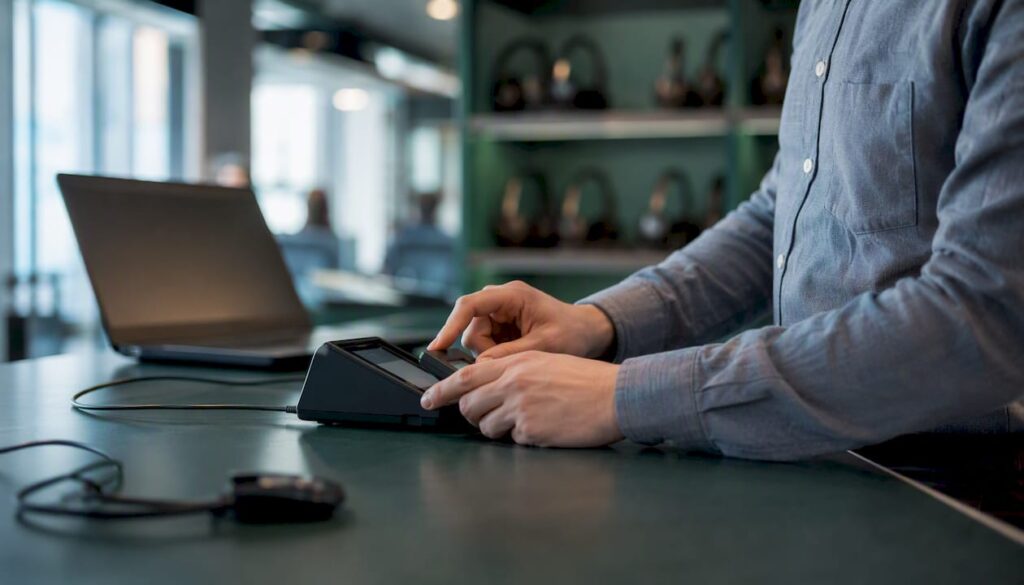 Hands handling authentication device at call center