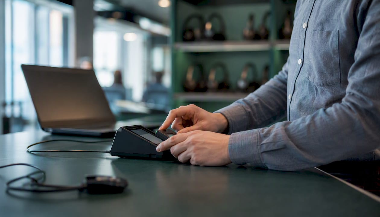 Hands handling authentication device at call center