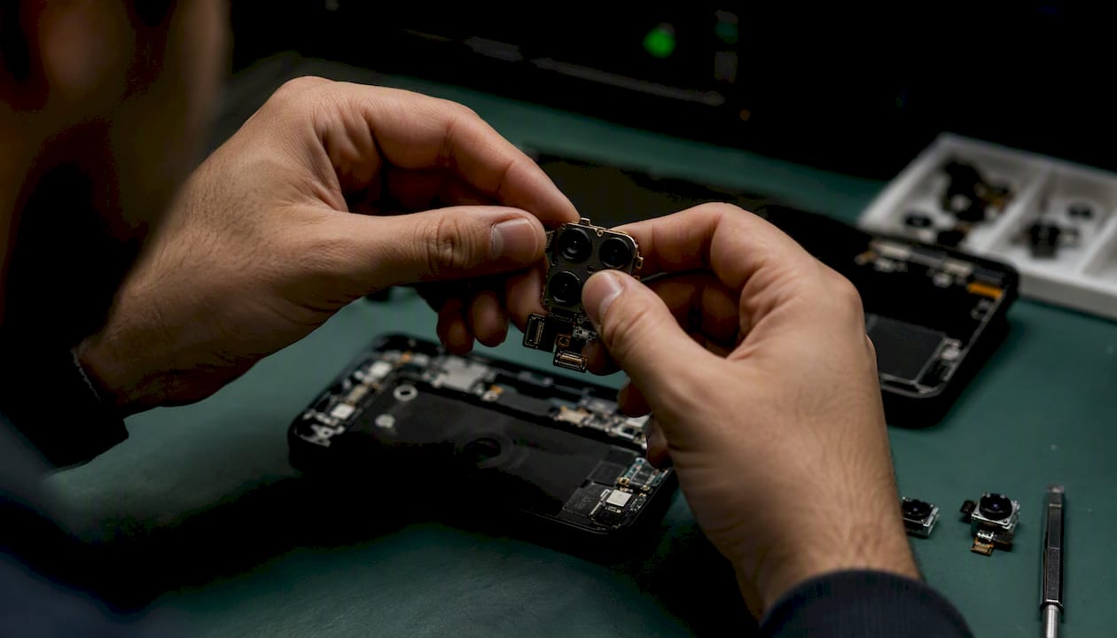 Hands holding smartphone camera module in lab