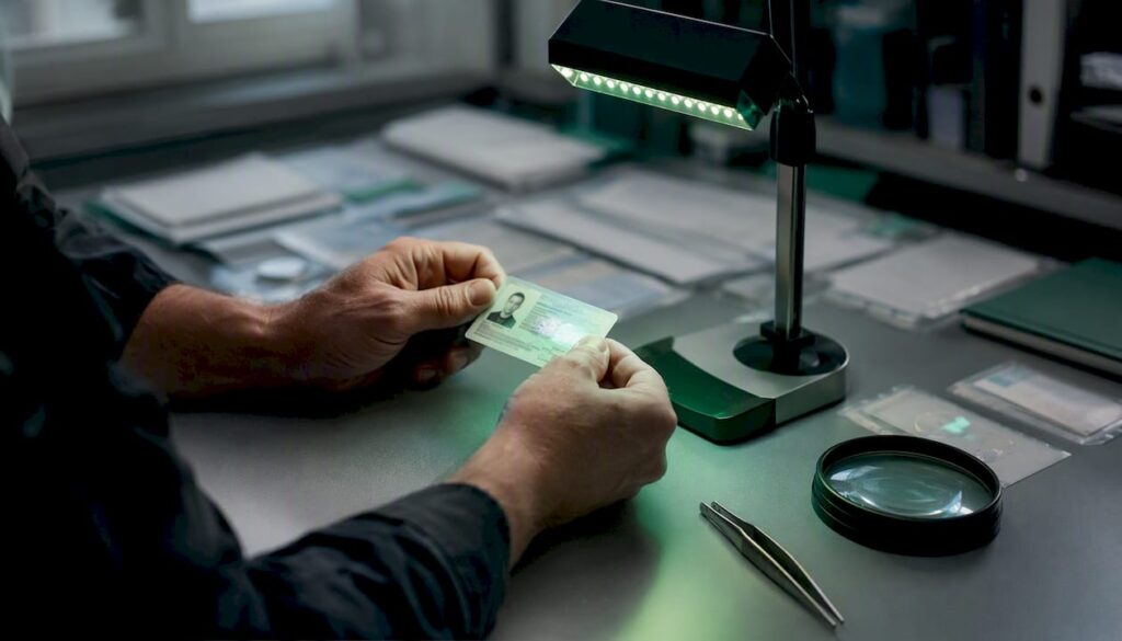 Hands examining counterfeit ID card closely