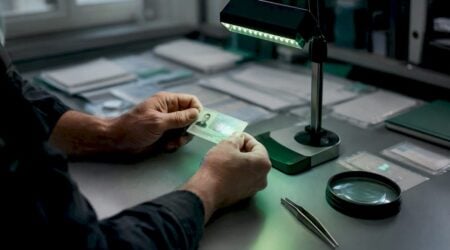 Hands examining counterfeit ID card closely