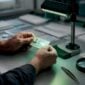 Hands examining counterfeit ID card closely