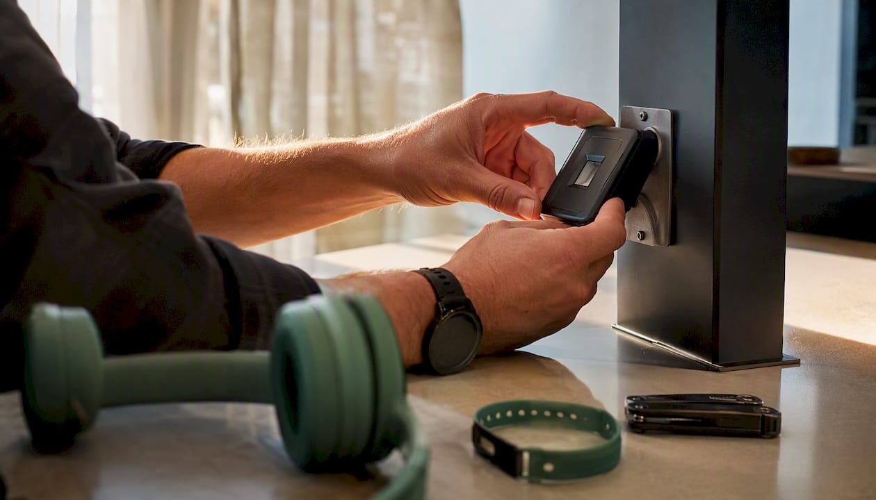 Hands installing biometric sensor device