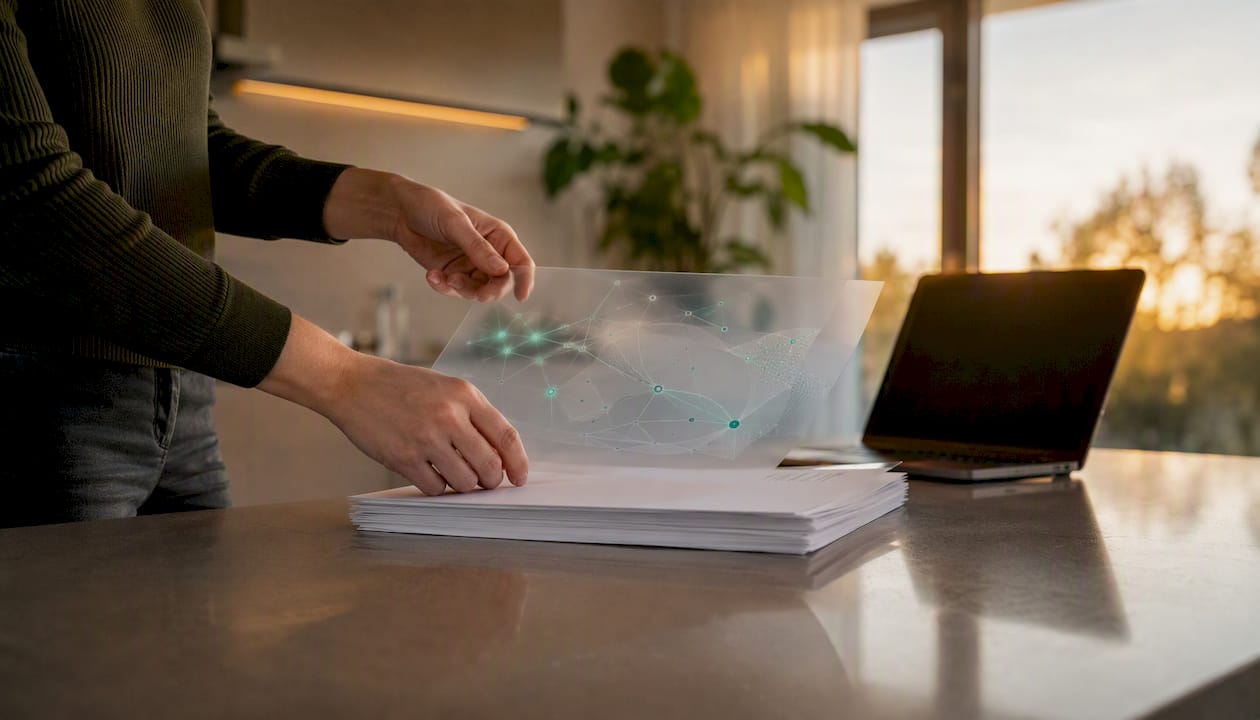 Hand overlaying AI graphic sheets on documents