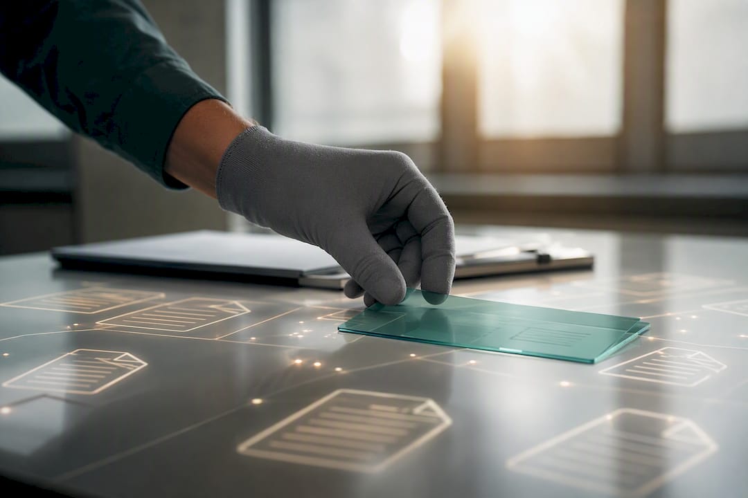 Hand applying digital overlay in fintech lab