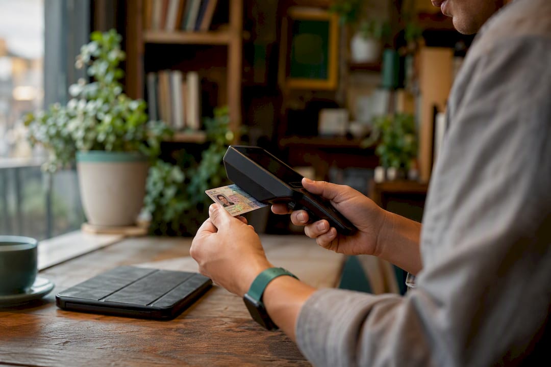 Small business owner scanning ID card