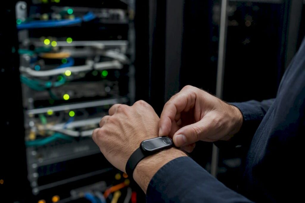 Hands holding hardware security token near server