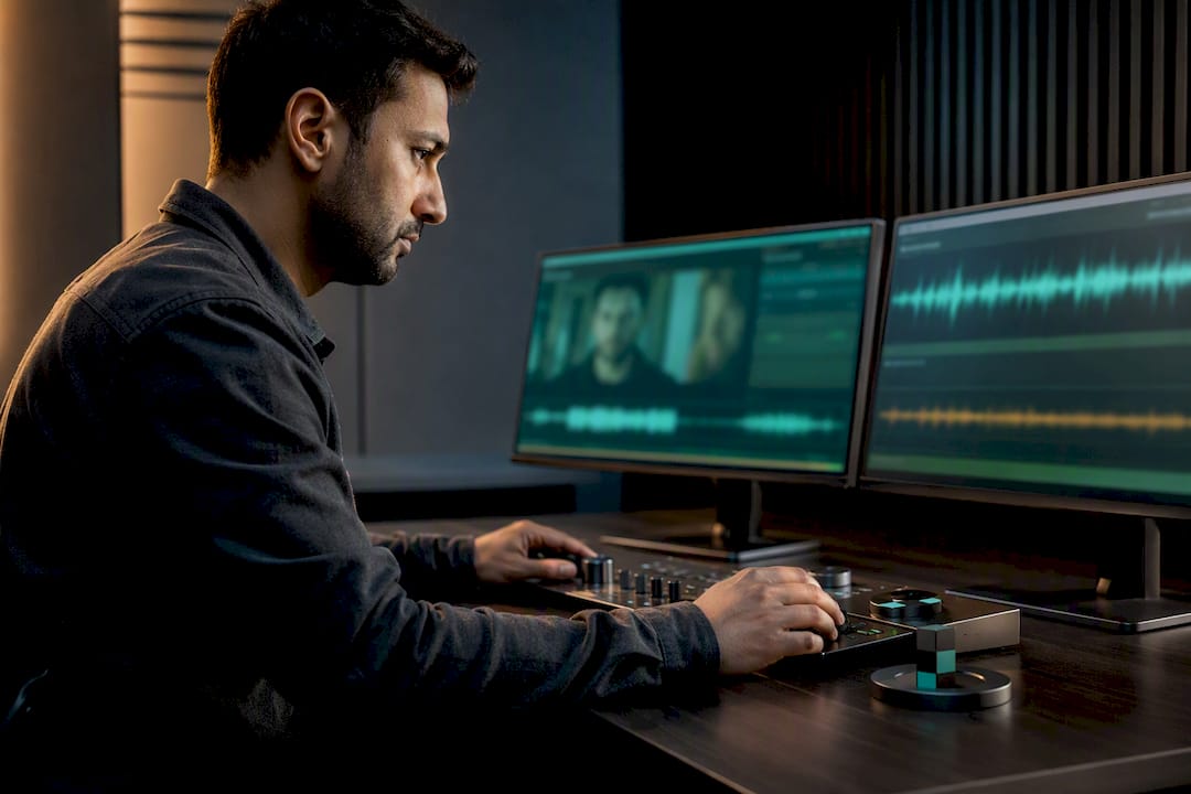 Analyst examining synchronized synthetic media evidence