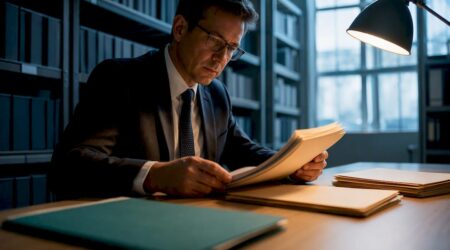 Bank examiner reviewing ownership verification files