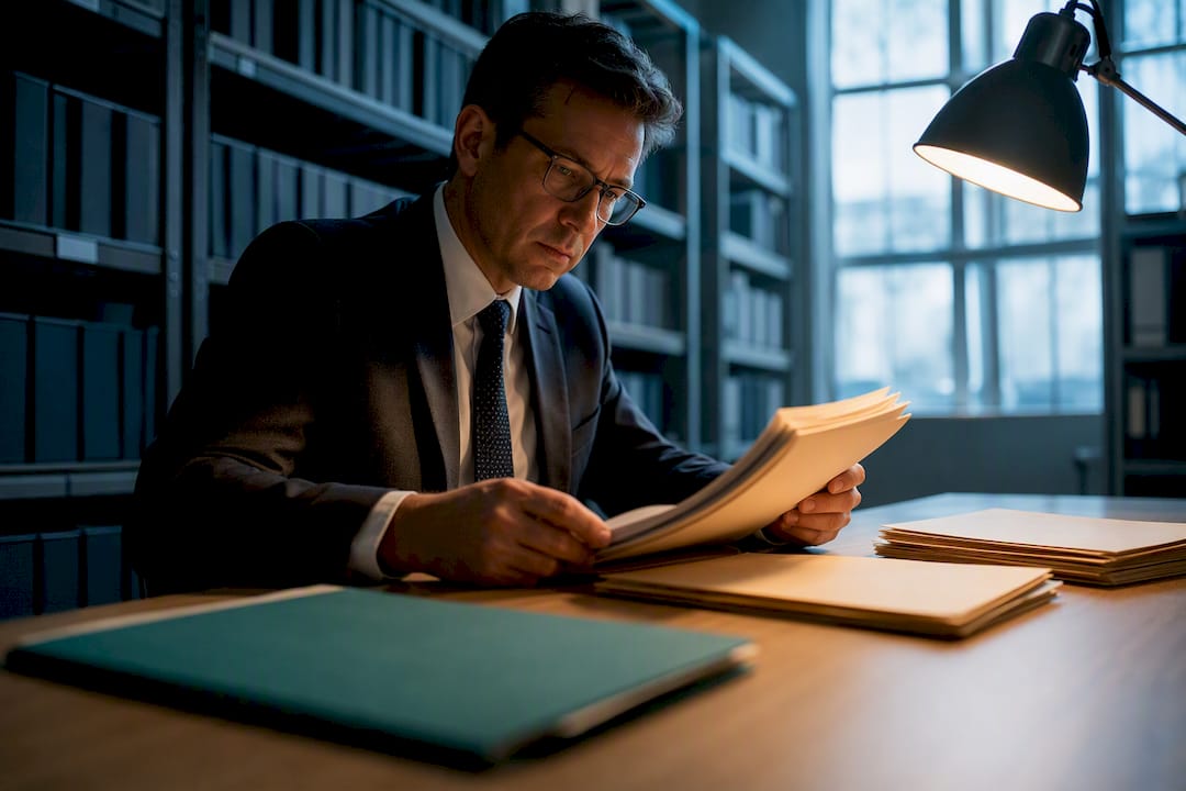 Bank examiner reviewing ownership verification files