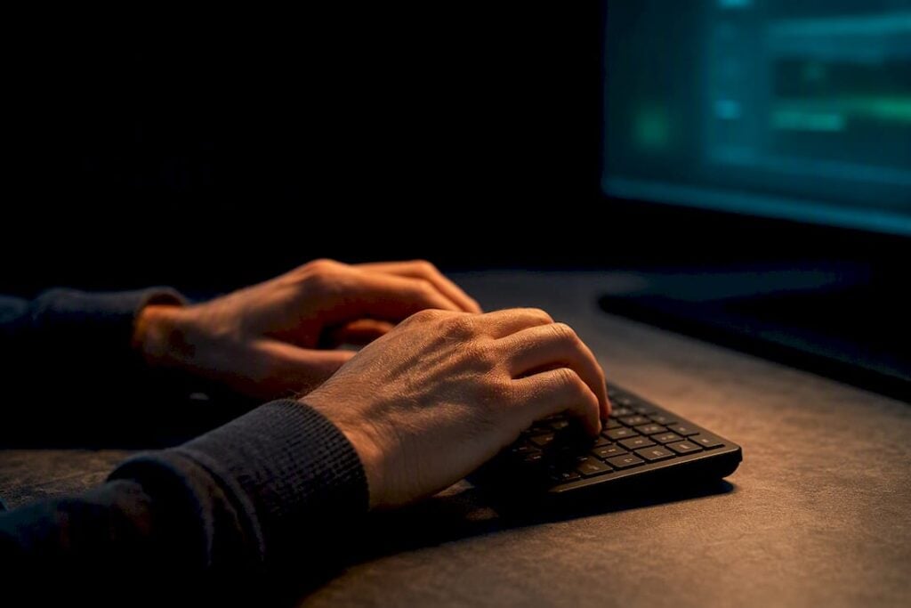 Engineer typing during biometric testing