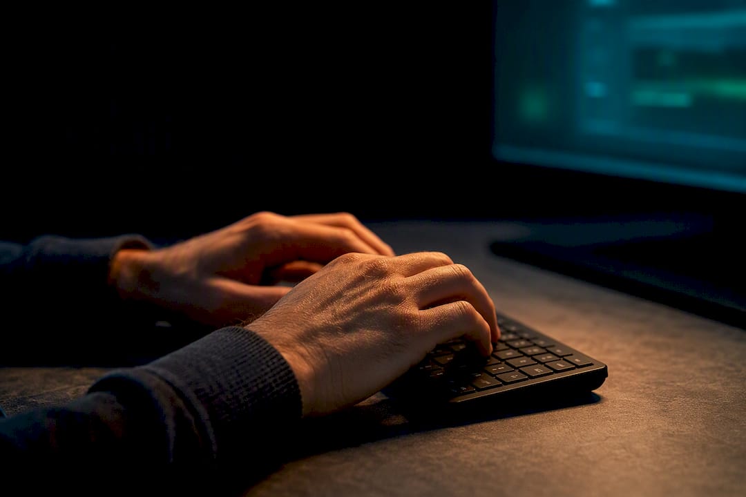 Engineer typing during biometric testing