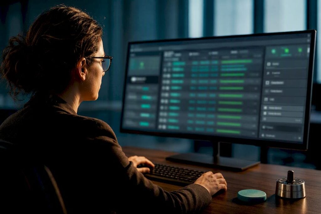 Analyst reviewing fraud alerts on monitor