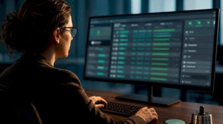 Analyst reviewing fraud alerts on monitor