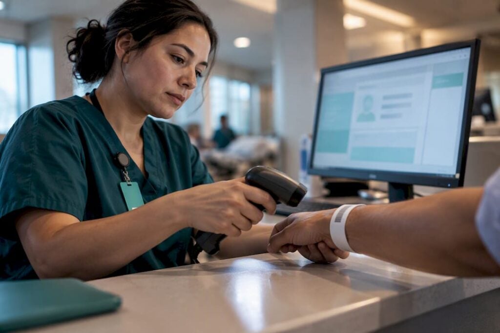 Healthcare worker verifying patient identity