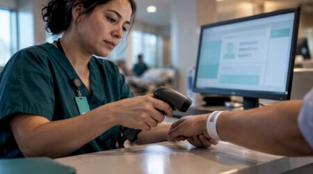 Healthcare worker verifying patient identity