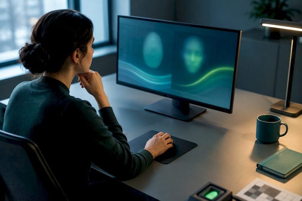 Biometric evaluation workstation showing score distributions