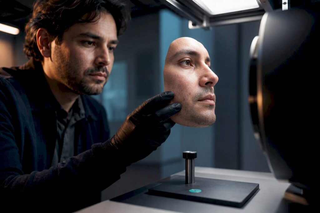 Engineer testing biometric presentation artifact